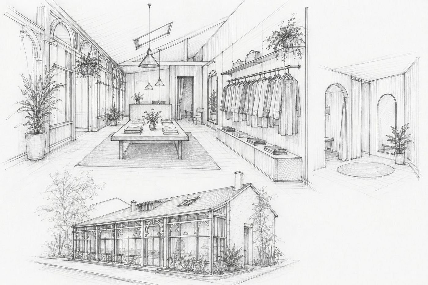 Croquis au crayon d'un espace retail : portants, comptoir, verrière